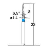 164.14M2, Conical Pointed, Slender, 1.4 mm Dia,  Medium Grit Diamond Bur, 5 per pack - Osung USA