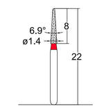 164.14F2, Conical Pointed, Slender, 1.4 mm Dia,  Fine Grit Diamond Bur, 5 per pack - Osung USA